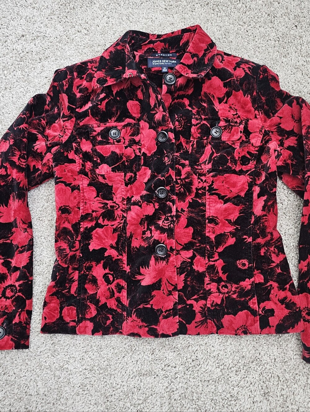 Jones New York Signature Red Black Floral Jacket Cotton Velvet 6P